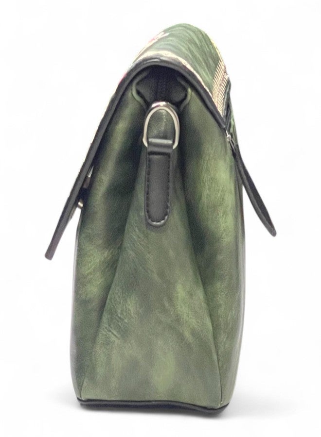 Dazzle Women's Vintage Floral Embroidered Crossbody Bag, Faux Leather, Multiple Compartments, Adjustable Strap, Boho Style (GREEN) - Image 5